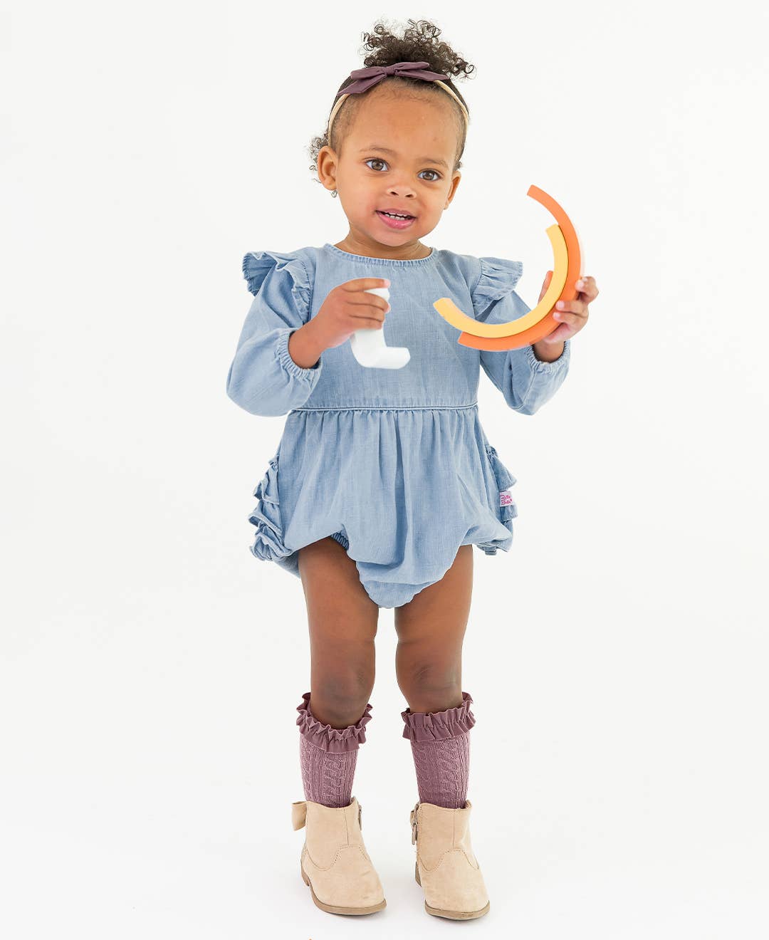 Baby Girls Light Wash Denim Long Sleeve Flutter Bubble Romper: Blue / 2T