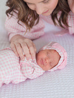 SoftSnooze™ Baby Girls Cotton Modal Pink Gingham Ruffle Knotted Sleep Gown & Bow Hat Set: Pink / Newborn-3m