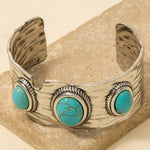 Metallic Textured Turquoise Stone Cuff Bracelet in Silver