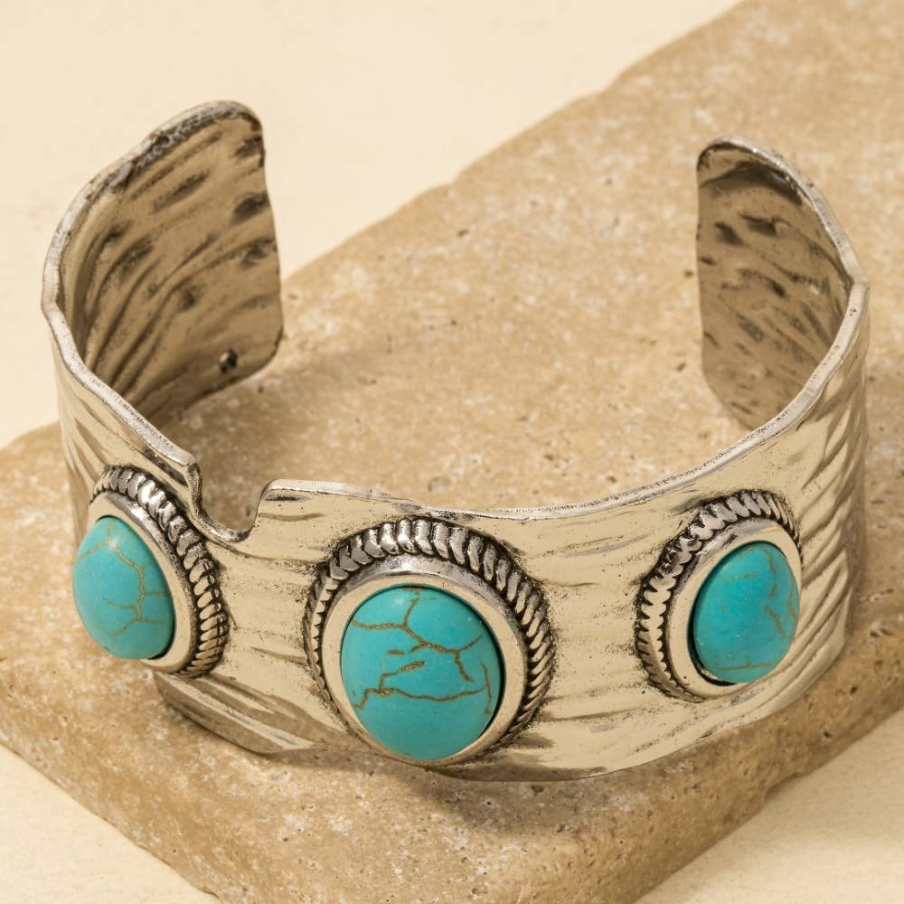 Metallic Textured Turquoise Stone Cuff Bracelet in Silver