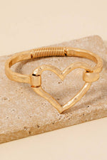 Hammered Gold Heart Coil Spring Hook Bangle Bracelet