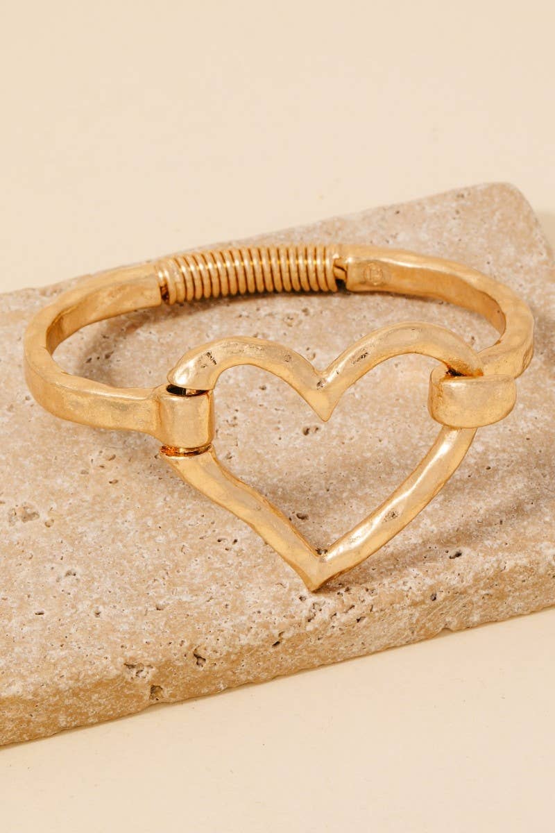 Hammered Gold Heart Coil Spring Hook Bangle Bracelet