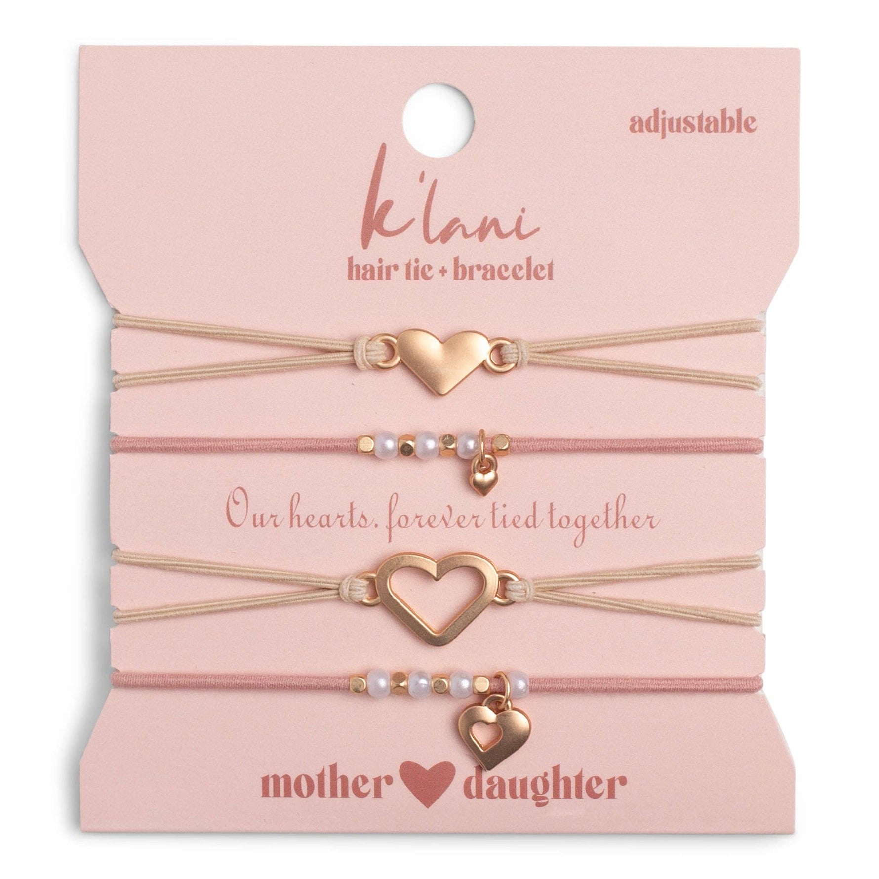 "Mother / Daughter" Pink with Pearls and Gold Hearts Shareable Hair Tie Bracelets