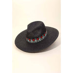 Fan Pattern Strap Straw Fedora Hat in Black