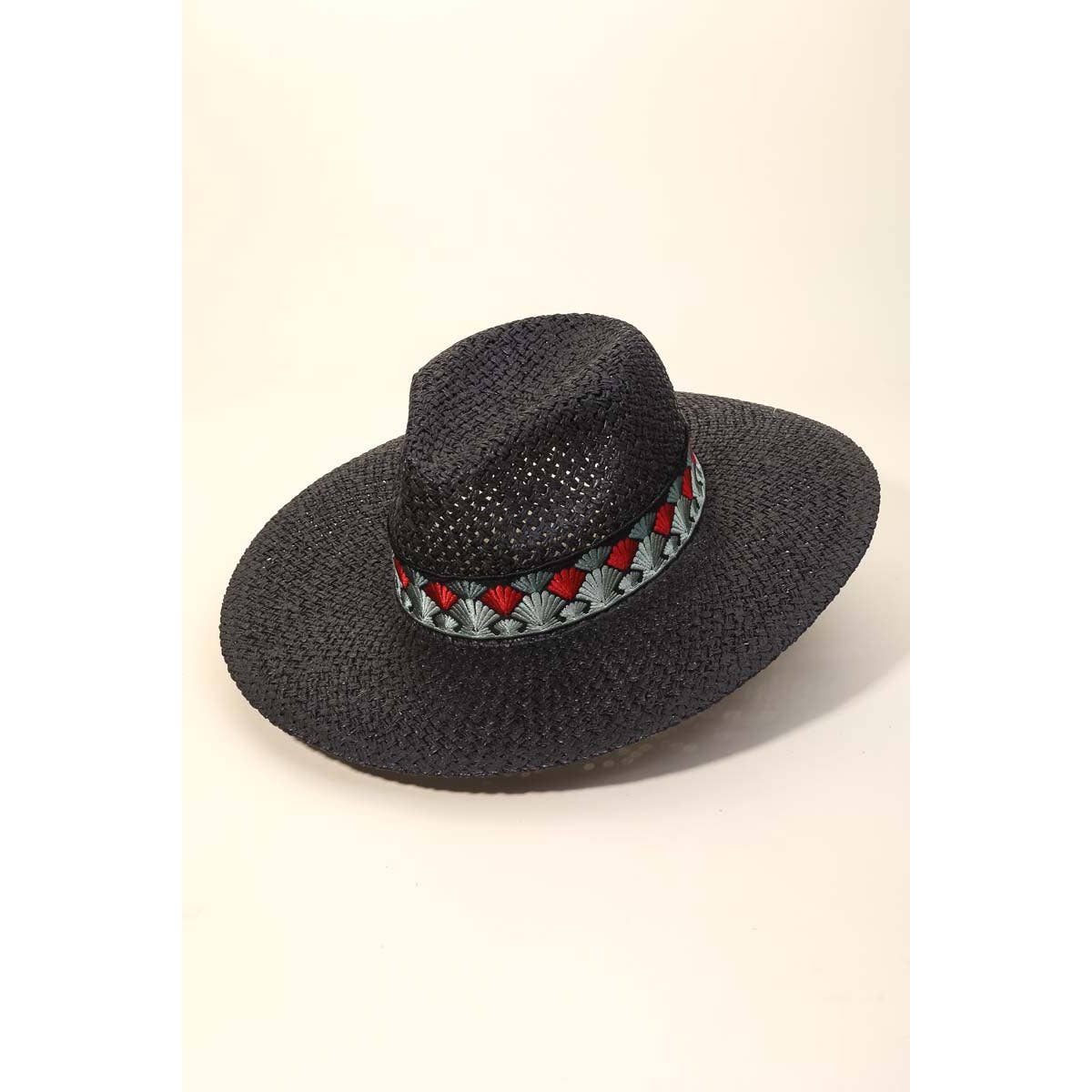 Fan Pattern Strap Straw Fedora Hat in Black