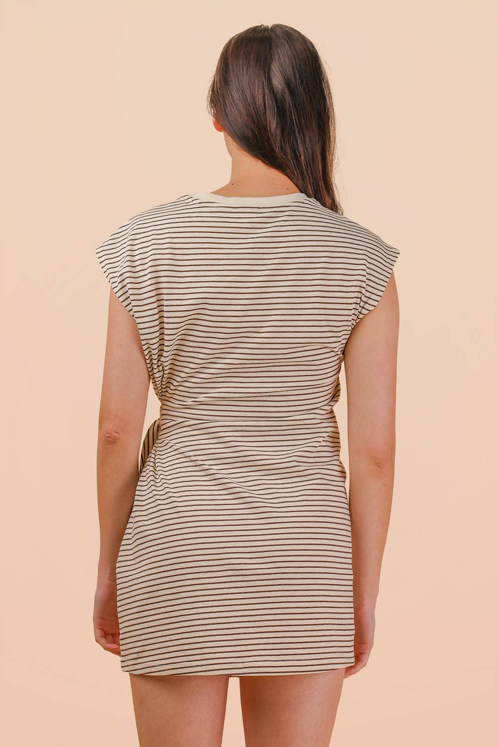 Stripe Knit Sleeveless Mini Dress W/ Tie Detail: CHOCO/CREAM