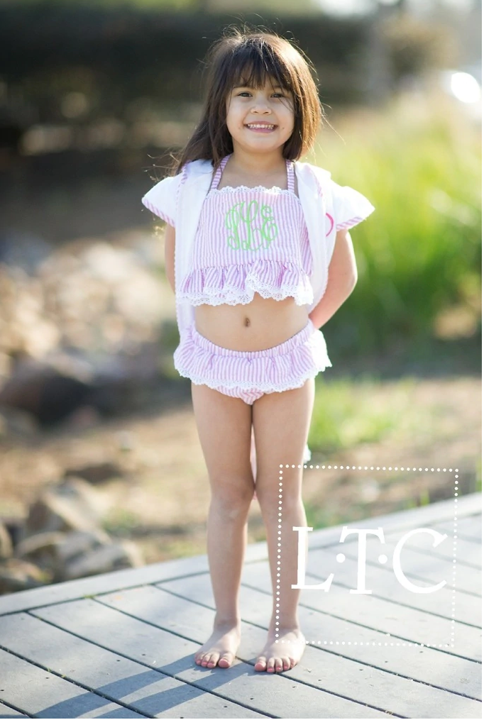 SALE Seersucker Lace Trimmed Bikini - Pink: 3t