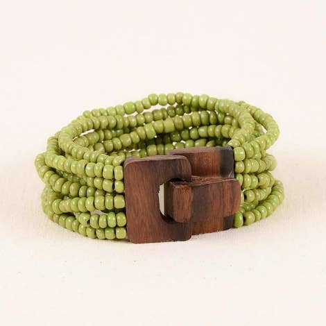 Bali Glass Beads Bracelet with Mini Wood Buckle: Black