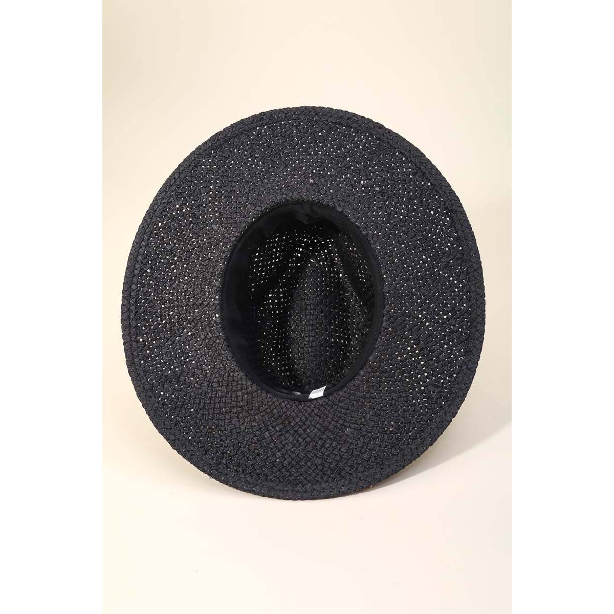 Fan Pattern Strap Straw Fedora Hat in Black