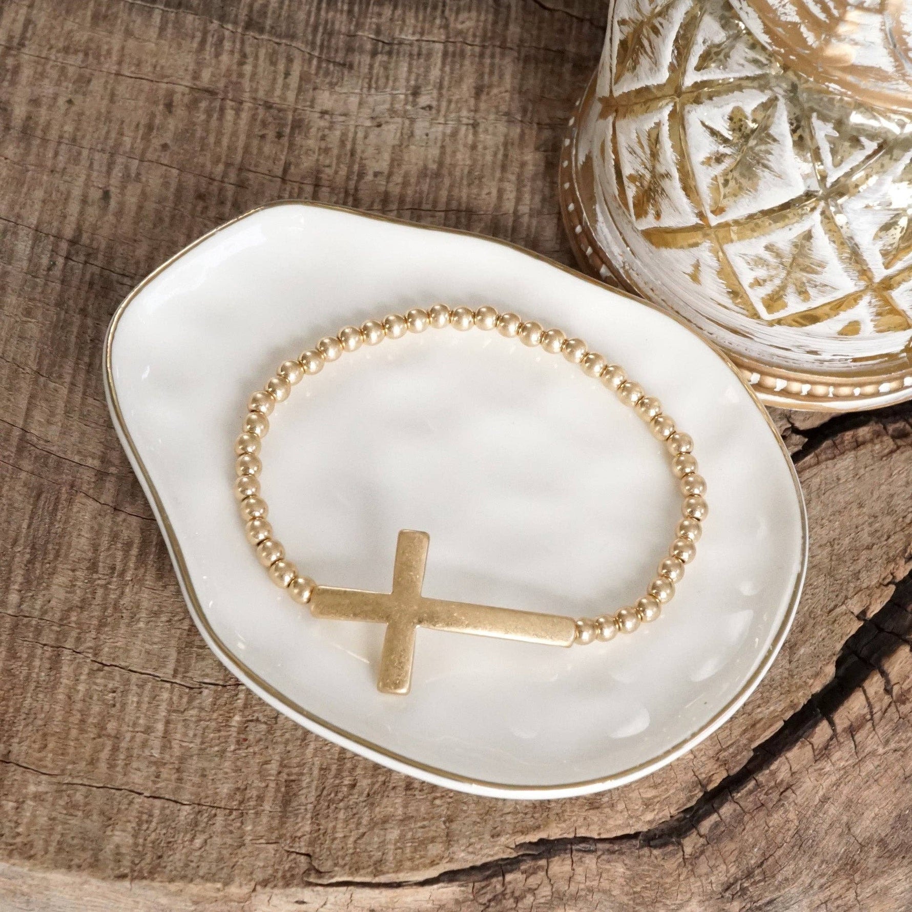 Minimal Cross Stretchy Bracelet in Worn Gold tone with Ball Beads