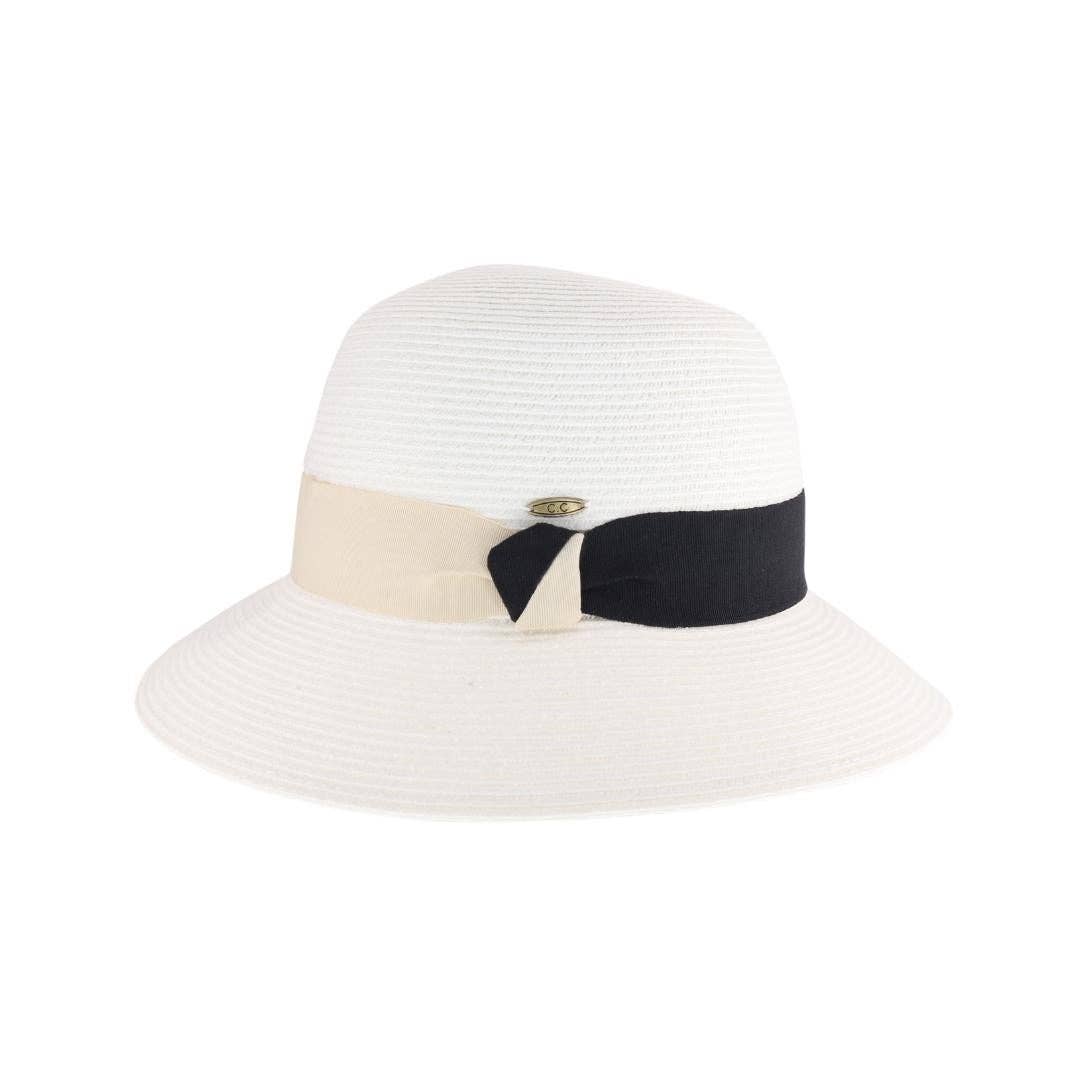 CC Color Block Ribbon Band Trim Cloche Sun Hat: White