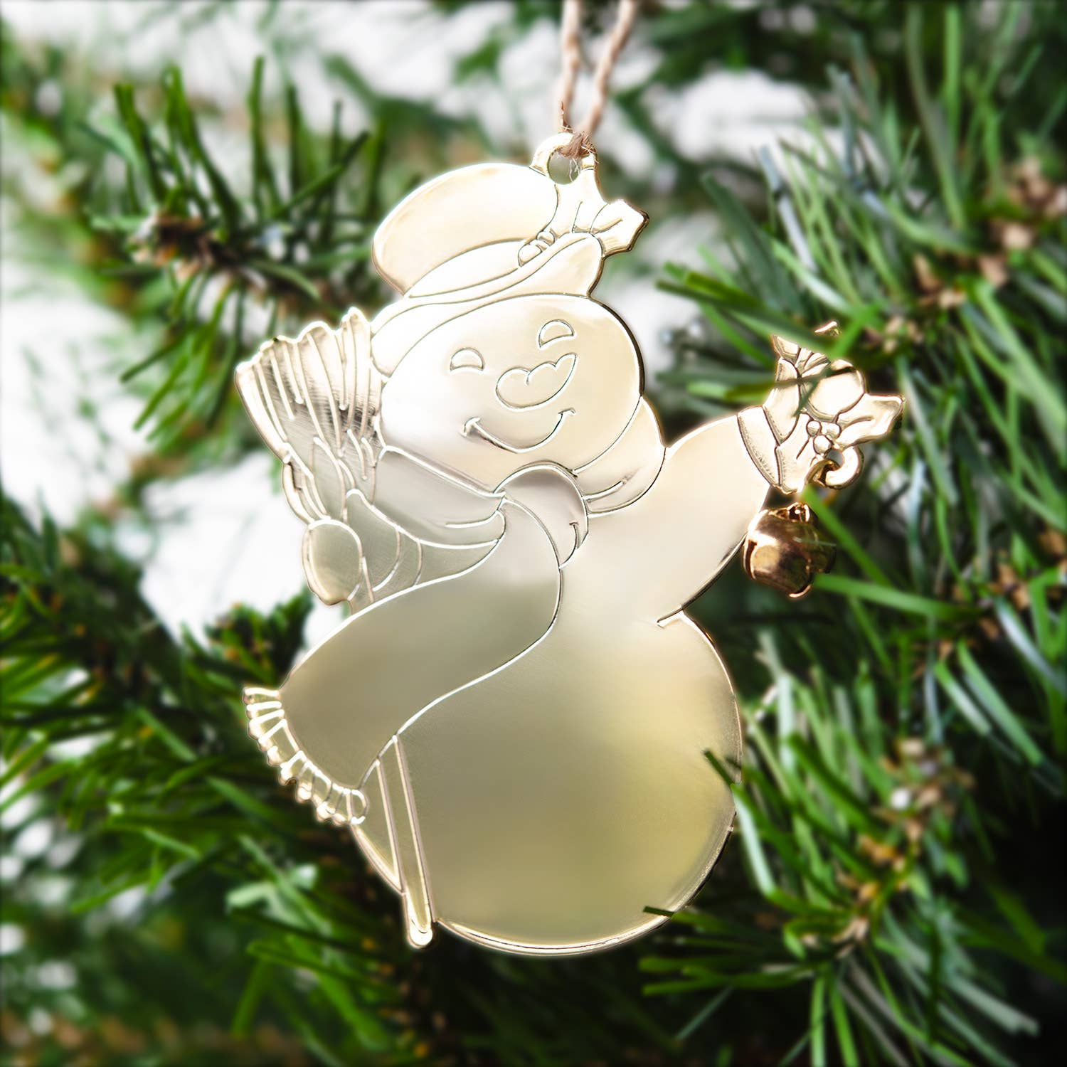 Snowman with Jingle Bell Gold Christmas Ornament