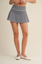 Gingham Print Mini Circle Skort with Bow Back and Lace Trim: Blue Gingham / M
