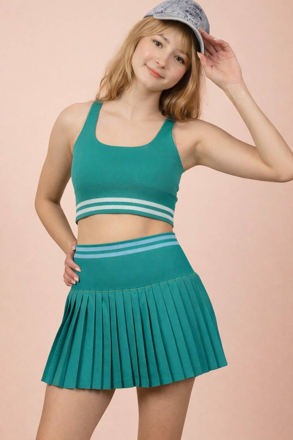 Striped Band Detail Activewear Top & Skirt Set: SEA FOAM