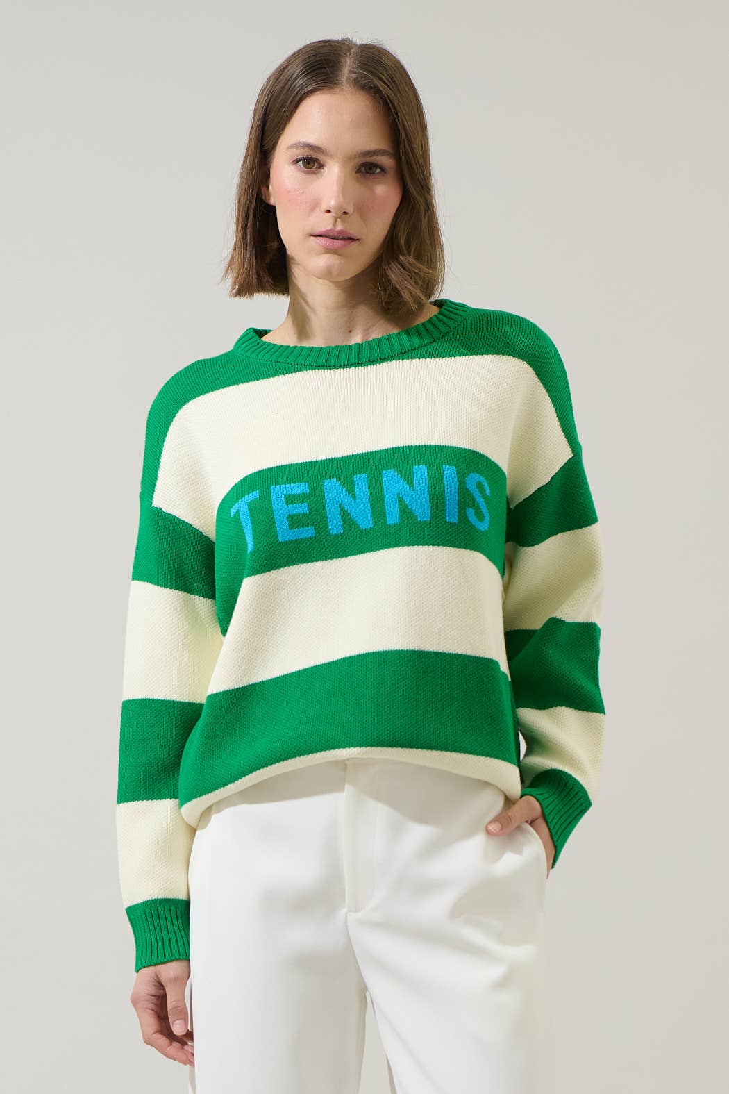 Tennis Stripe Sweater: KELLY-CREAM / S