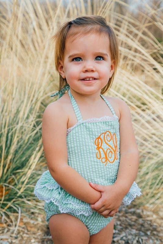 SALE Seersucker Lace Trimmed One Piece - Green: 6m