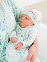 SoftSnooze™ Baby Girls Bamboo Viscose Mint Meadow Ruffle Knotted Sleep Gown & Bow Hat Set: Green / Newborn-3m