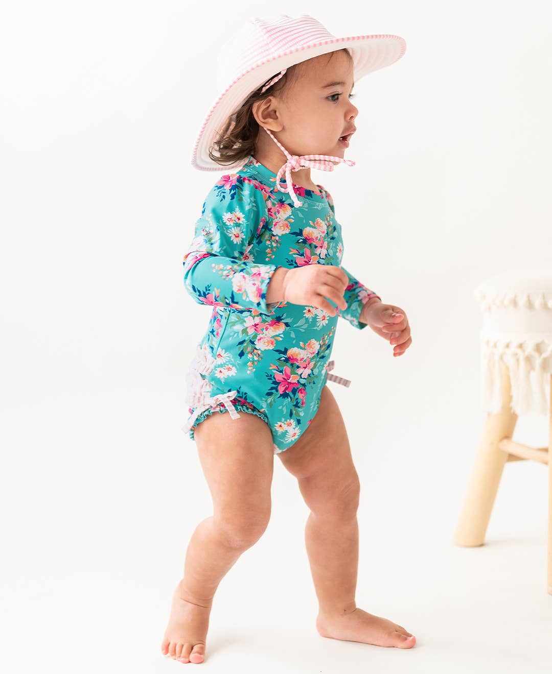 Girls Pink Seersucker Swim Hat: 0-12m