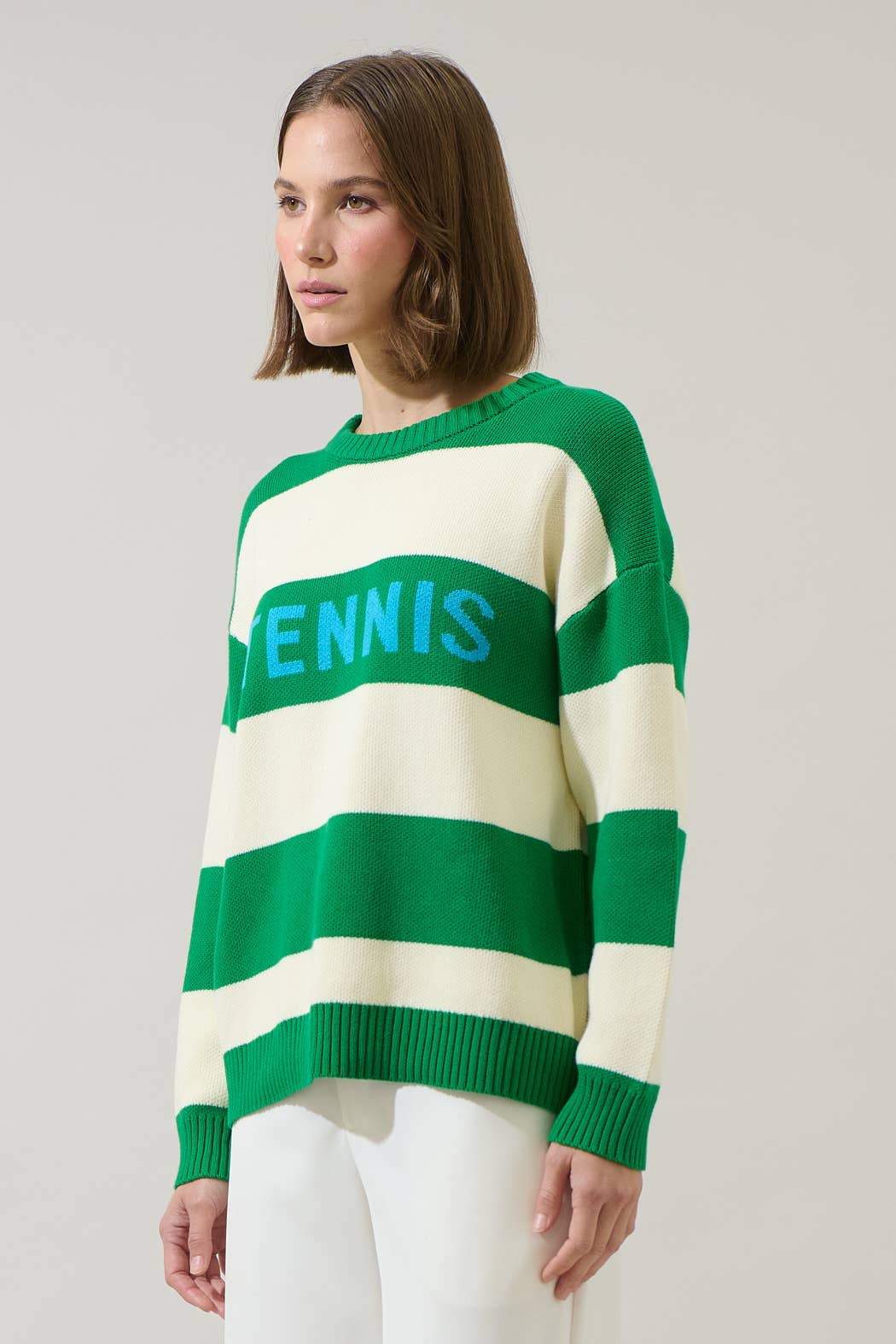 Tennis Stripe Sweater: KELLY-CREAM / M
