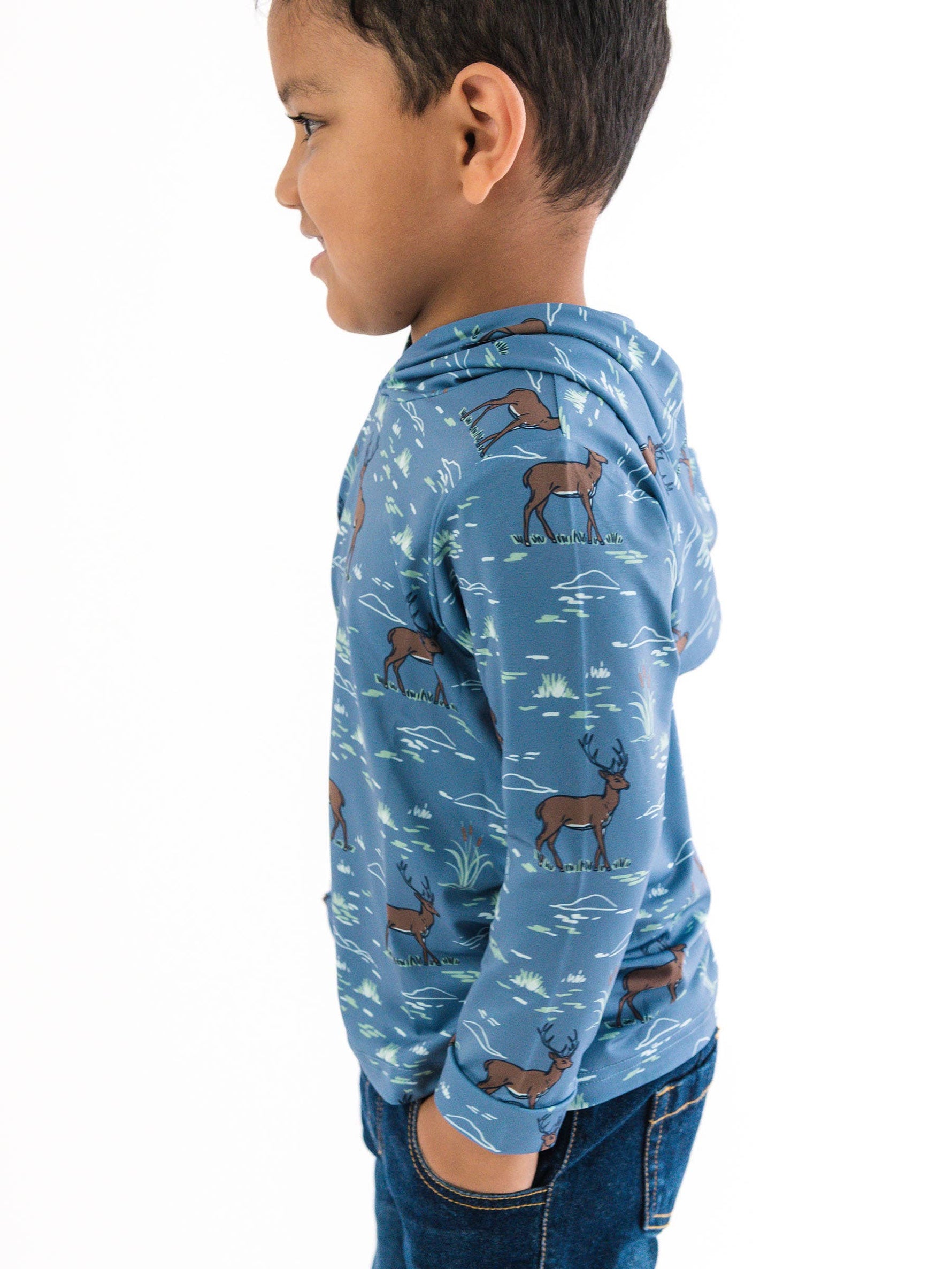 Boys Deer Antler Adventure Performance Hooded Shirt: Blue / 2T