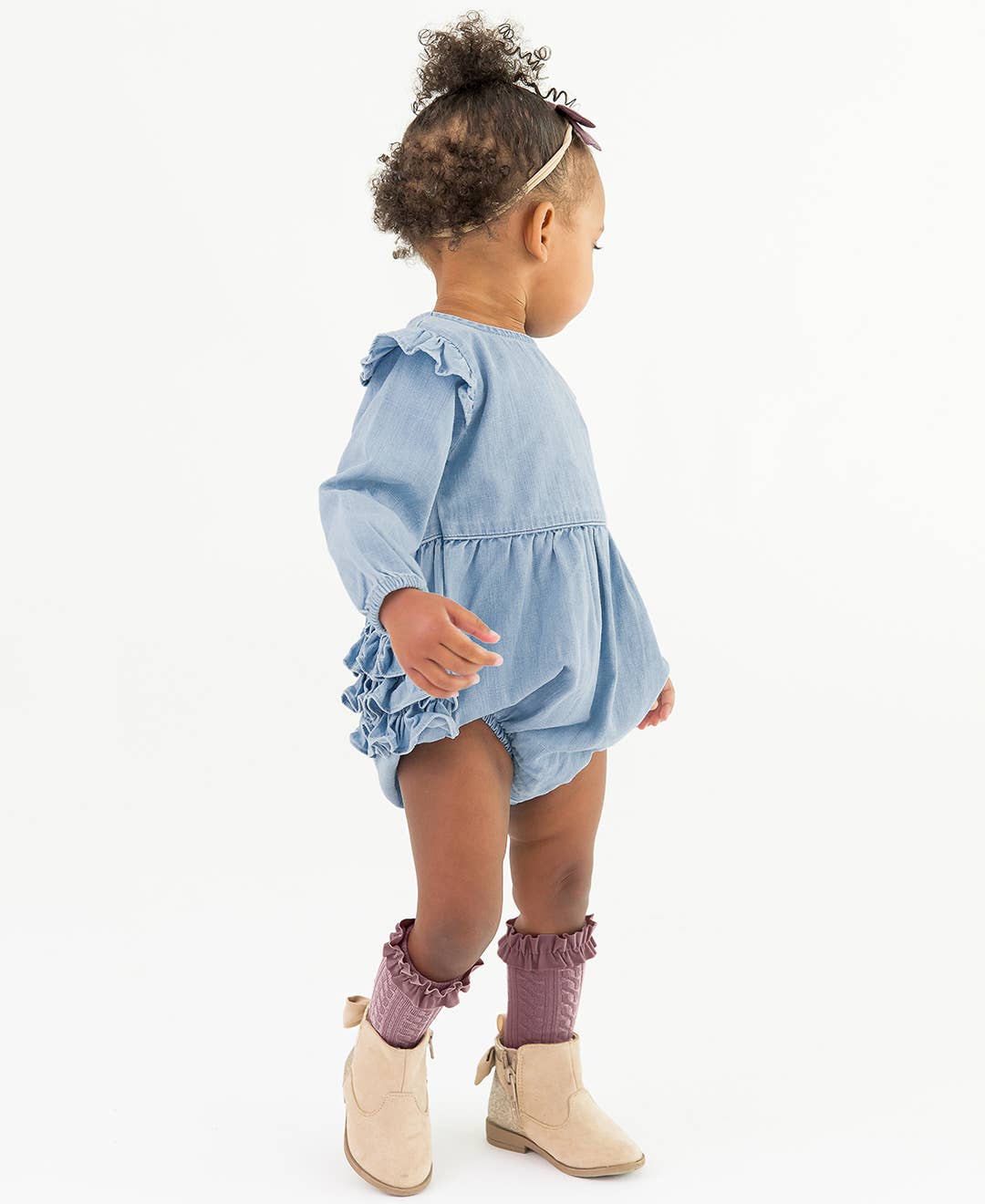 Baby Girls Light Wash Denim Long Sleeve Flutter Bubble Romper: Blue / 2T