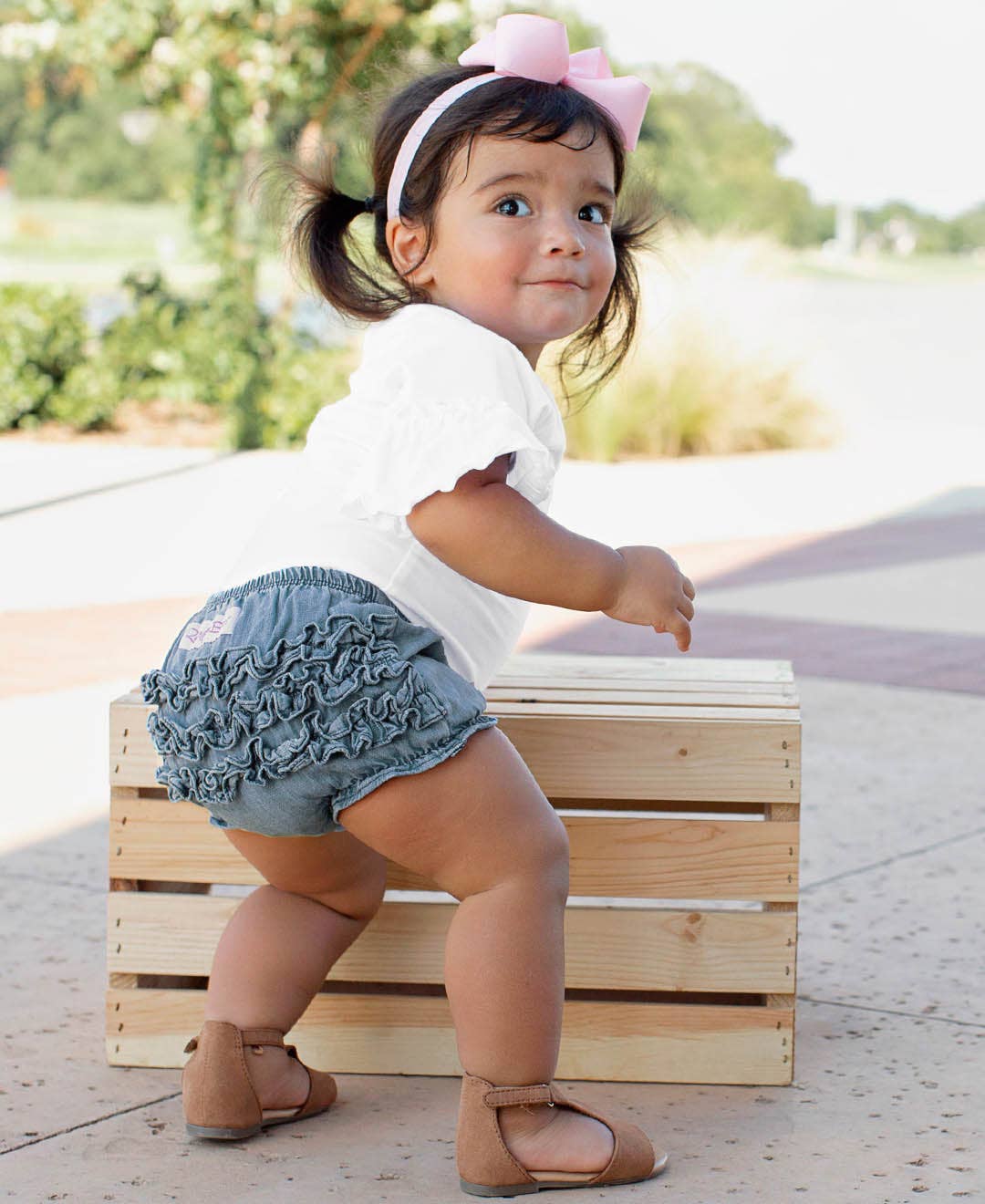 Baby Girls Light Wash Denim Woven RuffleButt Bloomer: Blue / 6-12m