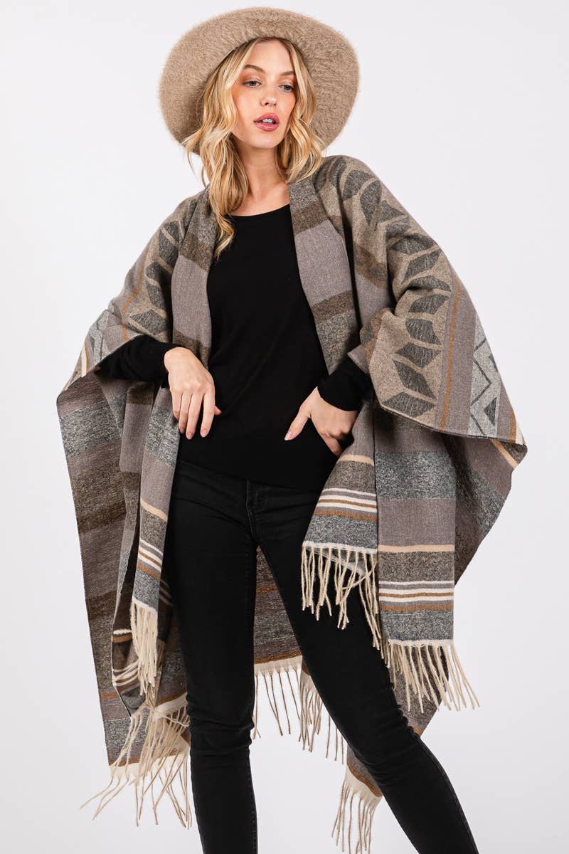Multi Striped Fringe Ruana: GRAY
