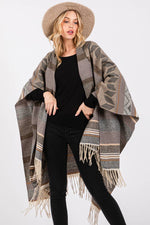 Multi Striped Fringe Ruana: GRAY