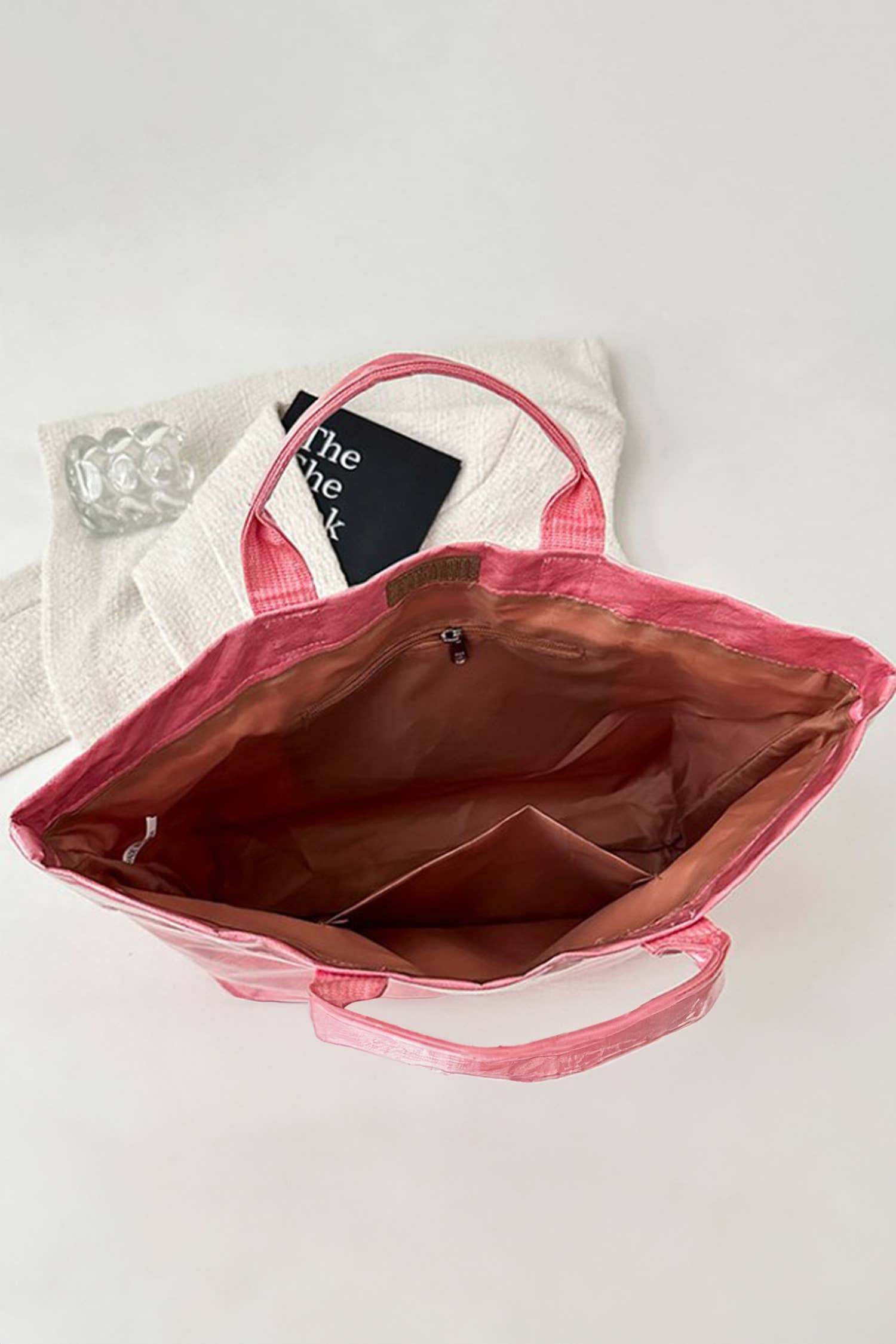 Glossy Striped Large Tote Bag: Pink Tan Stripe