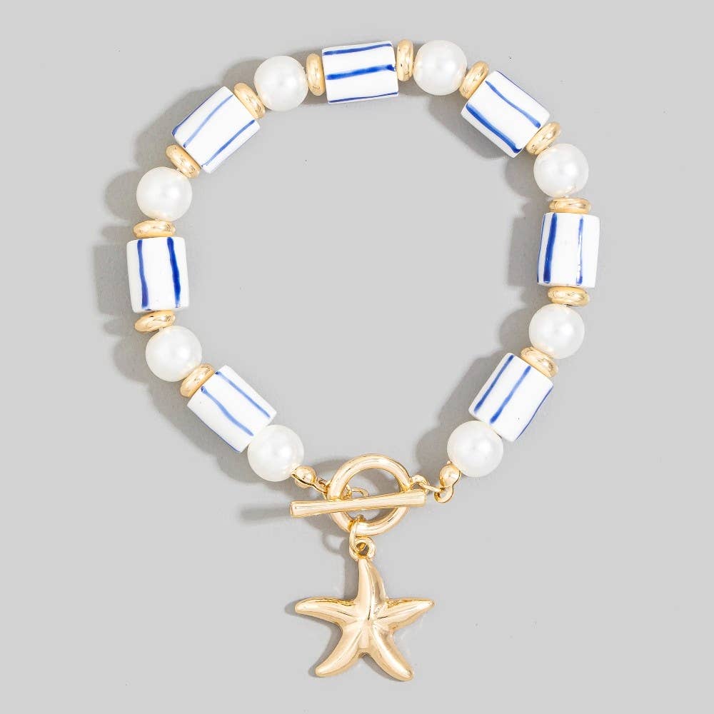 Pearl And Ceramic Beads Starfish Toggle Chain Bracelet