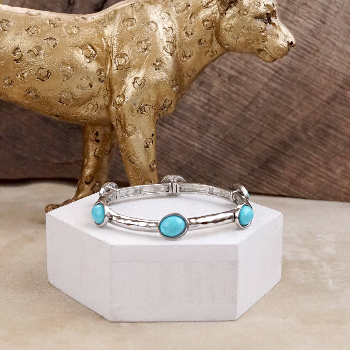 Desert Orbit – Turquoise Station Stretch Bangle: Silver Tone