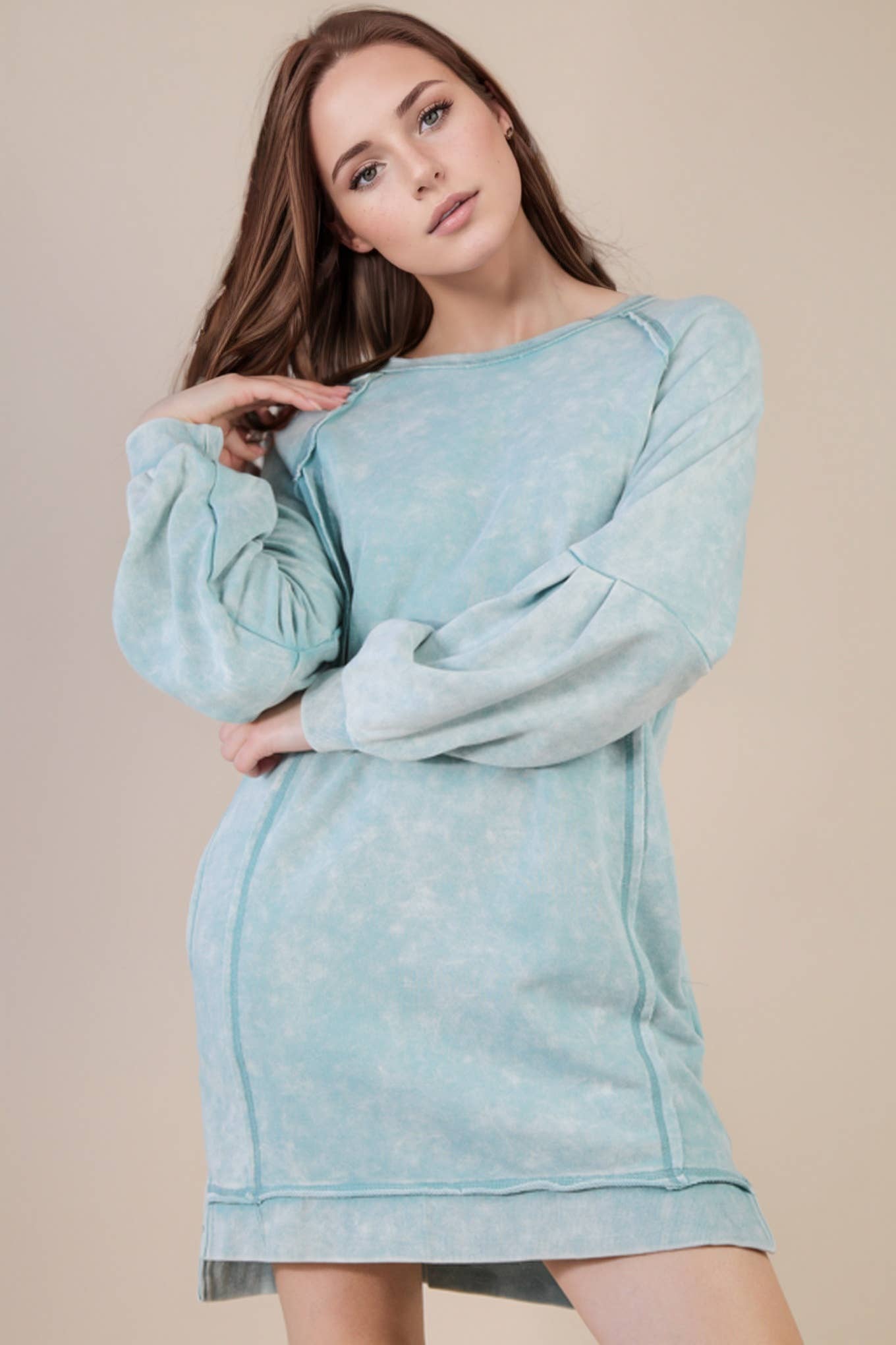 Mineral Washed Raglan Sleeve Casual Mini Dress: SAGE