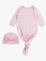 SoftSnooze™ Baby Girls Cotton Modal Pink Gingham Ruffle Knotted Sleep Gown & Bow Hat Set: Pink / Newborn-3m