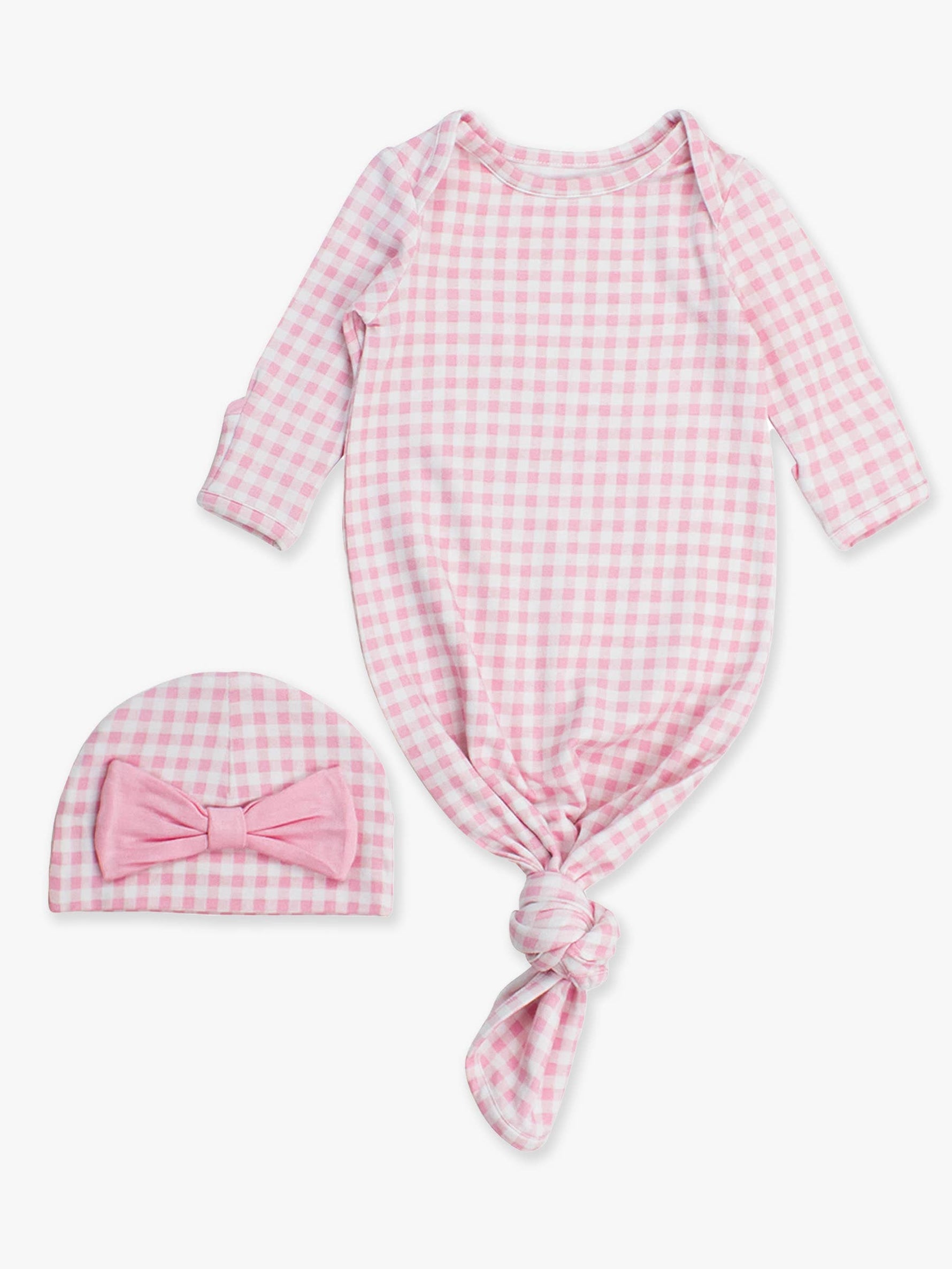 SoftSnooze™ Baby Girls Cotton Modal Pink Gingham Ruffle Knotted Sleep Gown & Bow Hat Set: Pink / Newborn-3m
