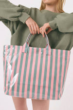 Glossy Striped Large Tote Bag: Pink Tan Stripe