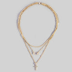Triple Layered Chain Pave Cross Pendant Necklace