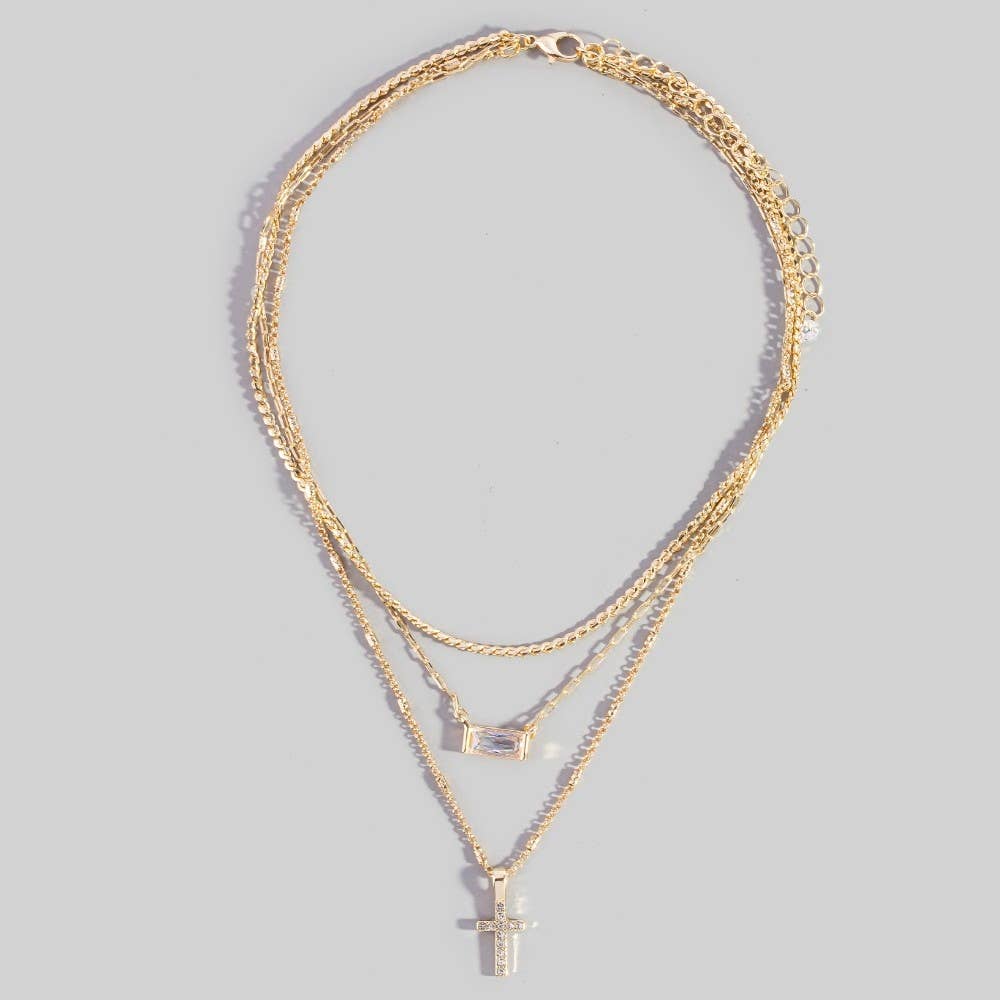 Triple Layered Chain Pave Cross Pendant Necklace