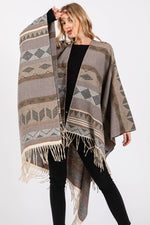 Multi Striped Fringe Ruana: GRAY