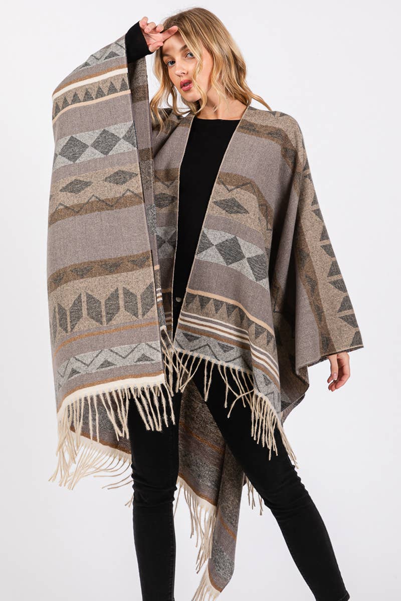 Multi Striped Fringe Ruana: GRAY
