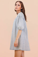 Washed Denim Casual Mini Dress: LT INDIGO