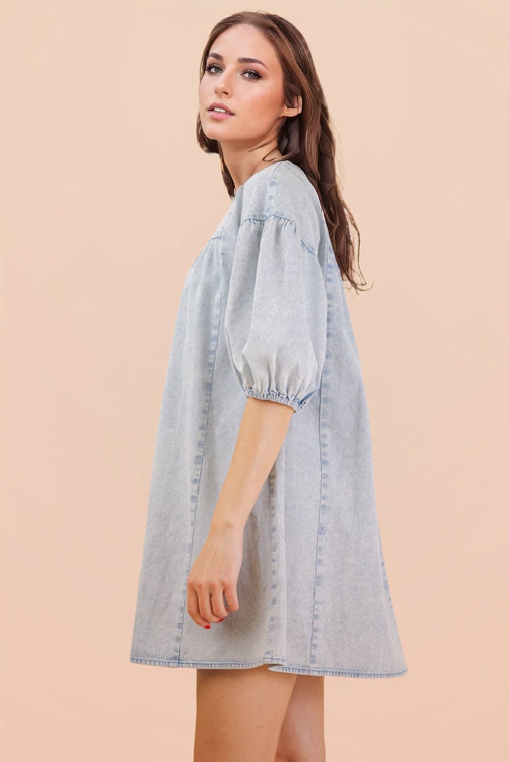Washed Denim Casual Mini Dress: LT INDIGO
