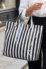 Glossy Striped Large Tote Bag: Green Pink Stripe
