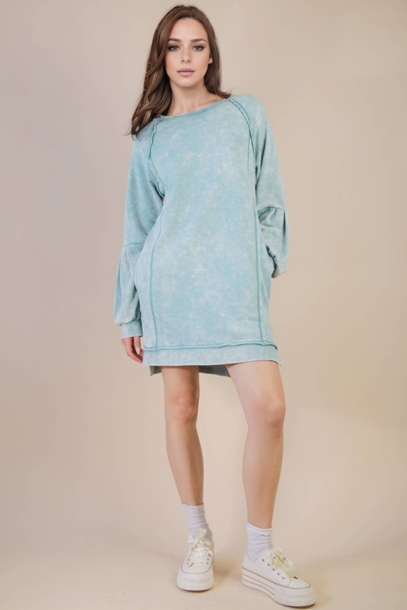 Mineral Washed Raglan Sleeve Casual Mini Dress: SAGE