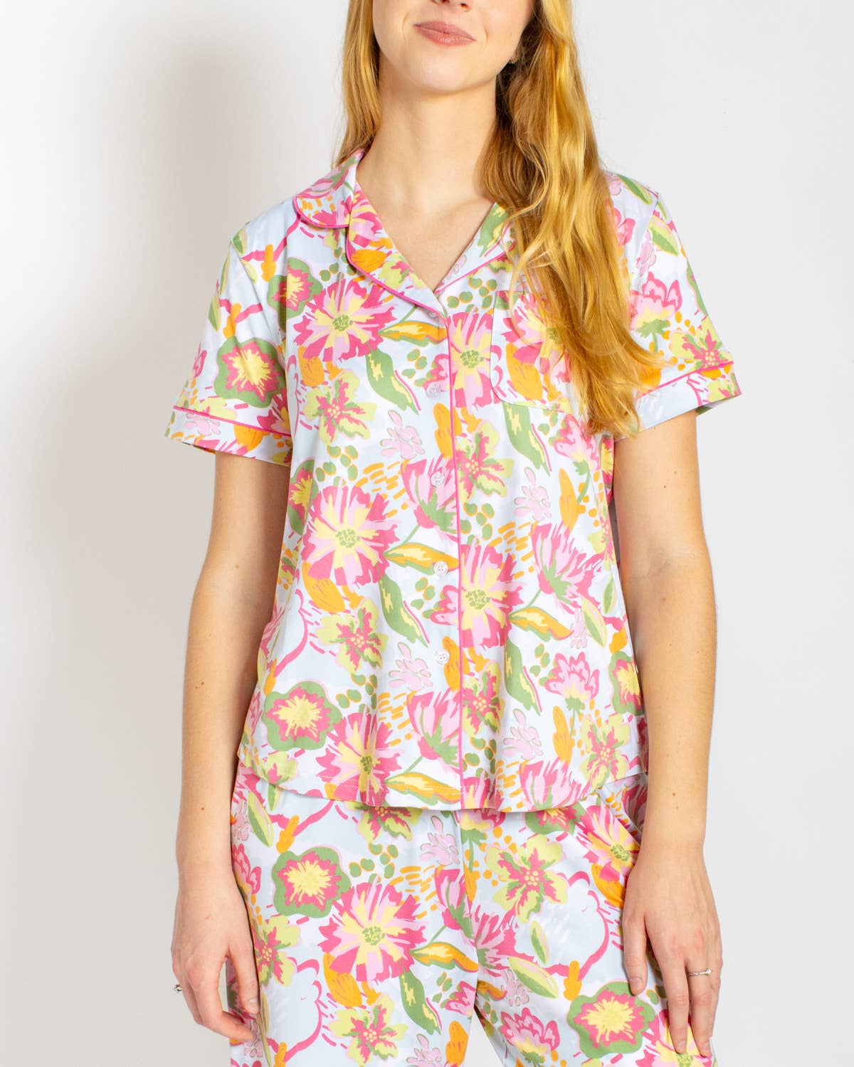 Summer Bouquet Short Sleeve Button Up Sleep Shirt   Pink/Blue/Multi   -Asst.: XSmall