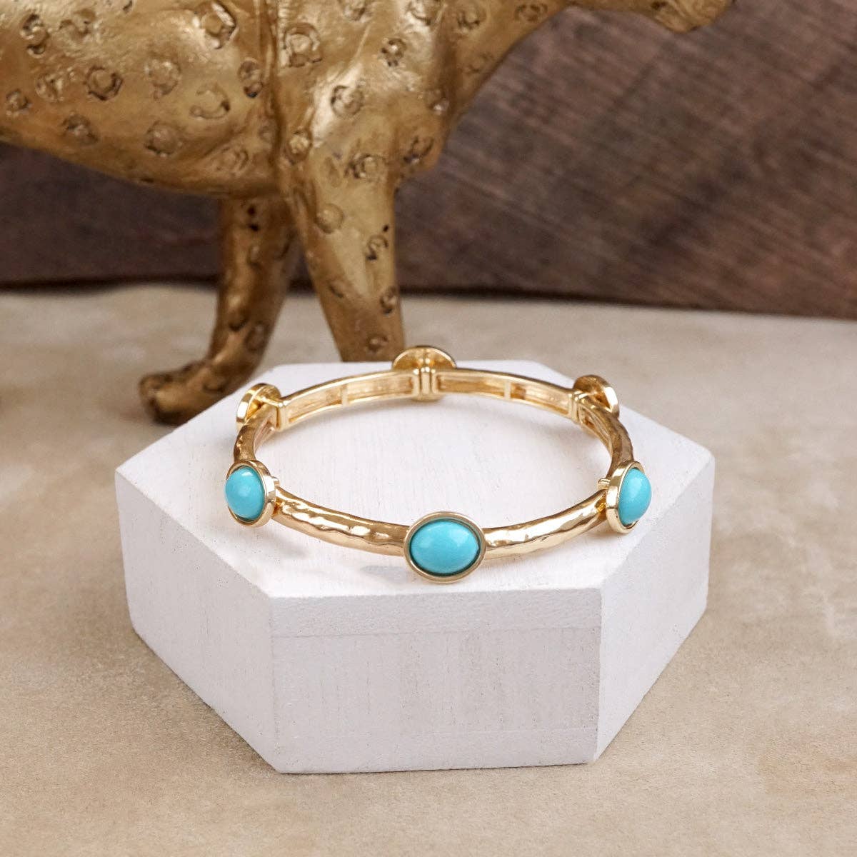 Desert Orbit – Turquoise Station Stretch Bangle: Silver Tone