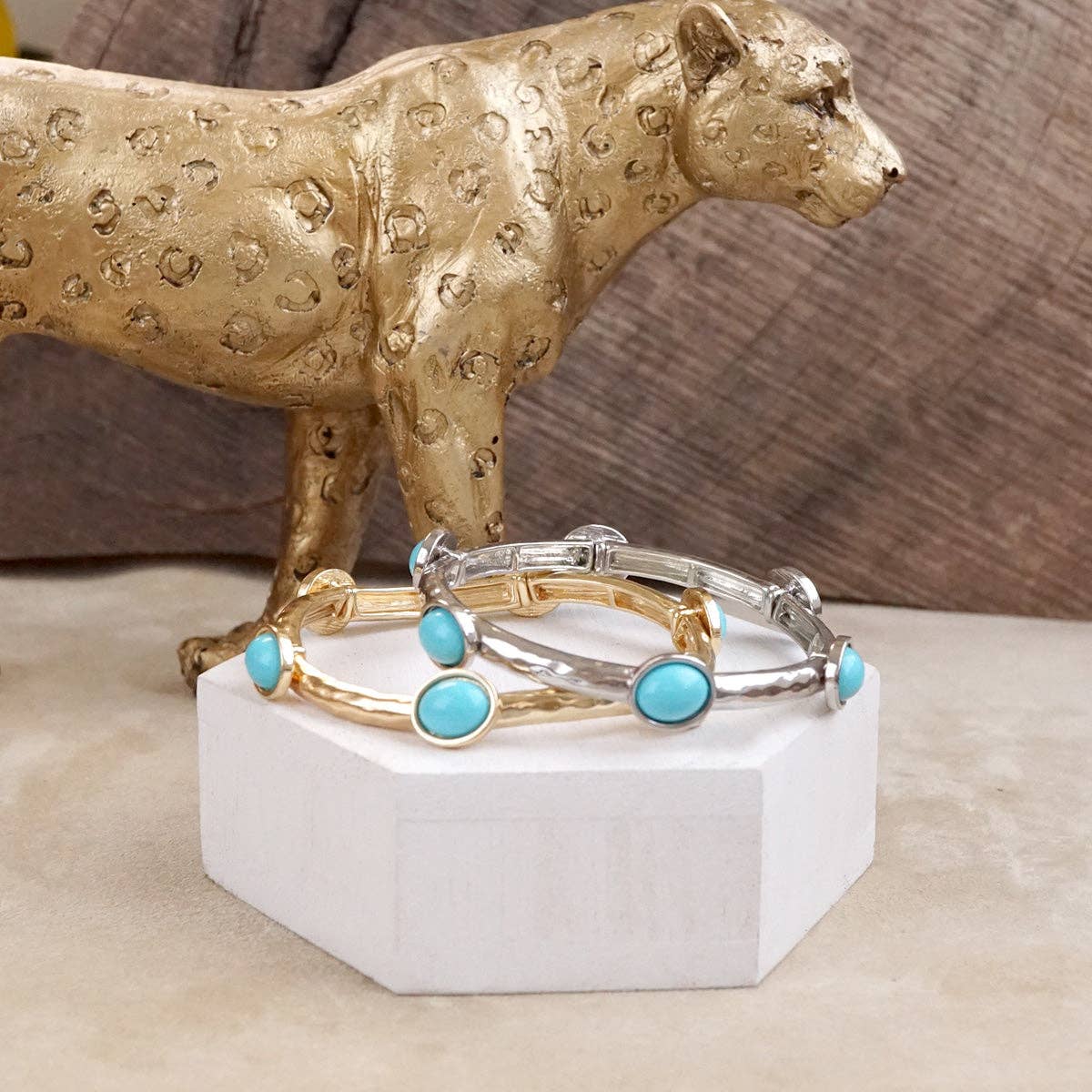 Desert Orbit – Turquoise Station Stretch Bangle: Silver Tone