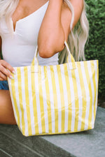 Glossy Striped Large Tote Bag: Green Pink Stripe
