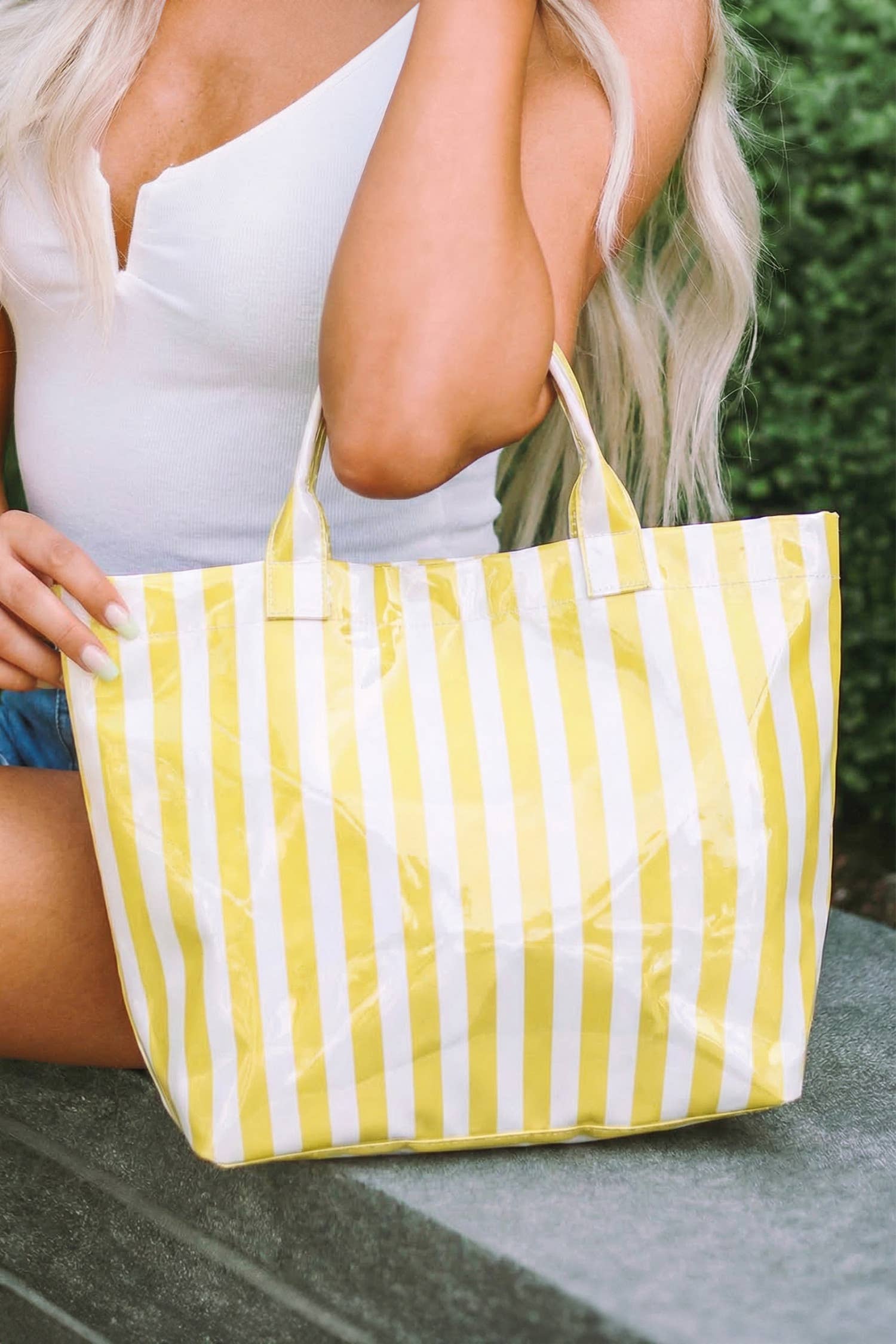 Glossy Striped Large Tote Bag: Green Pink Stripe