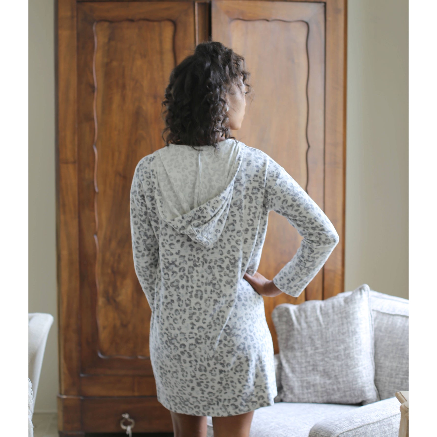 Leopard Brushed Hacci Hooded Dress   Gray/Charcoal   -Asst.: Medium