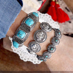 Western Stretchy Bangles – in Worn Silver Tone: Buffalo Coins